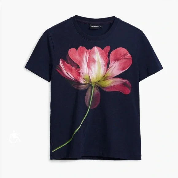 Desigual Damen Navy Tee with Pink Floral Print NWT Size S - Picture 1 of 5